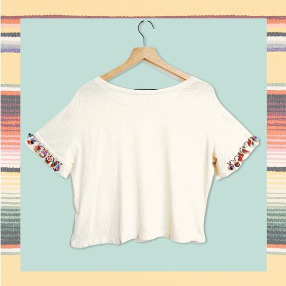 Anthropologie Lilka Pommed Tee Festival Cropped Top Shirt Coachella Boho Cream S - Picture 3 of 8